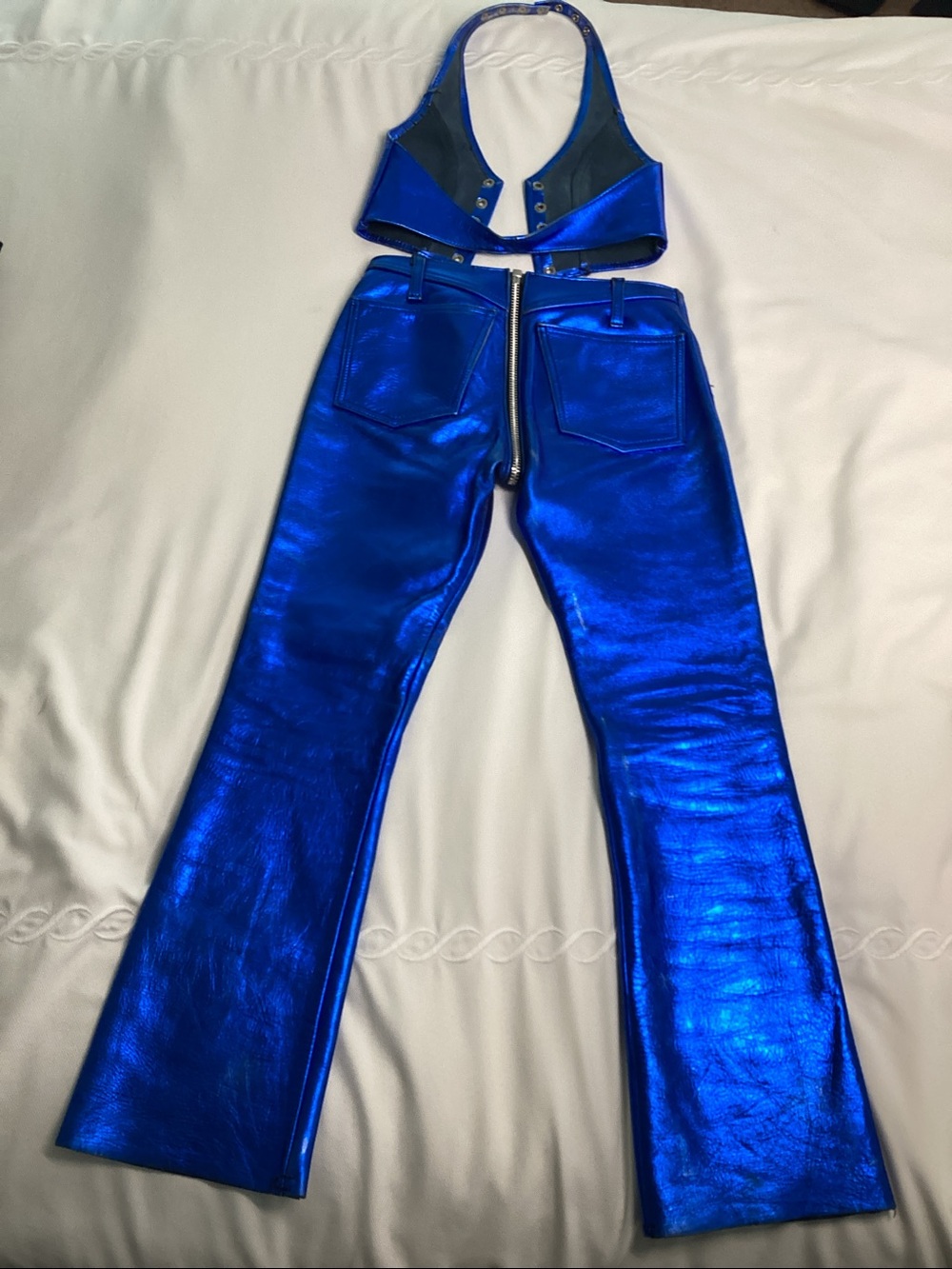Authentic 1960s glam rock, thick electric blue, leather pants and matching vest. - Picture 2 of 9